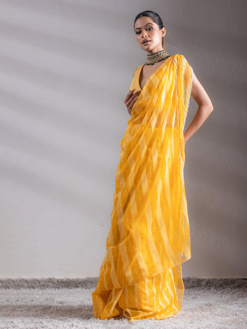 Organza Yellow Hide and Seek Stripes Saree with Blouse Fabric