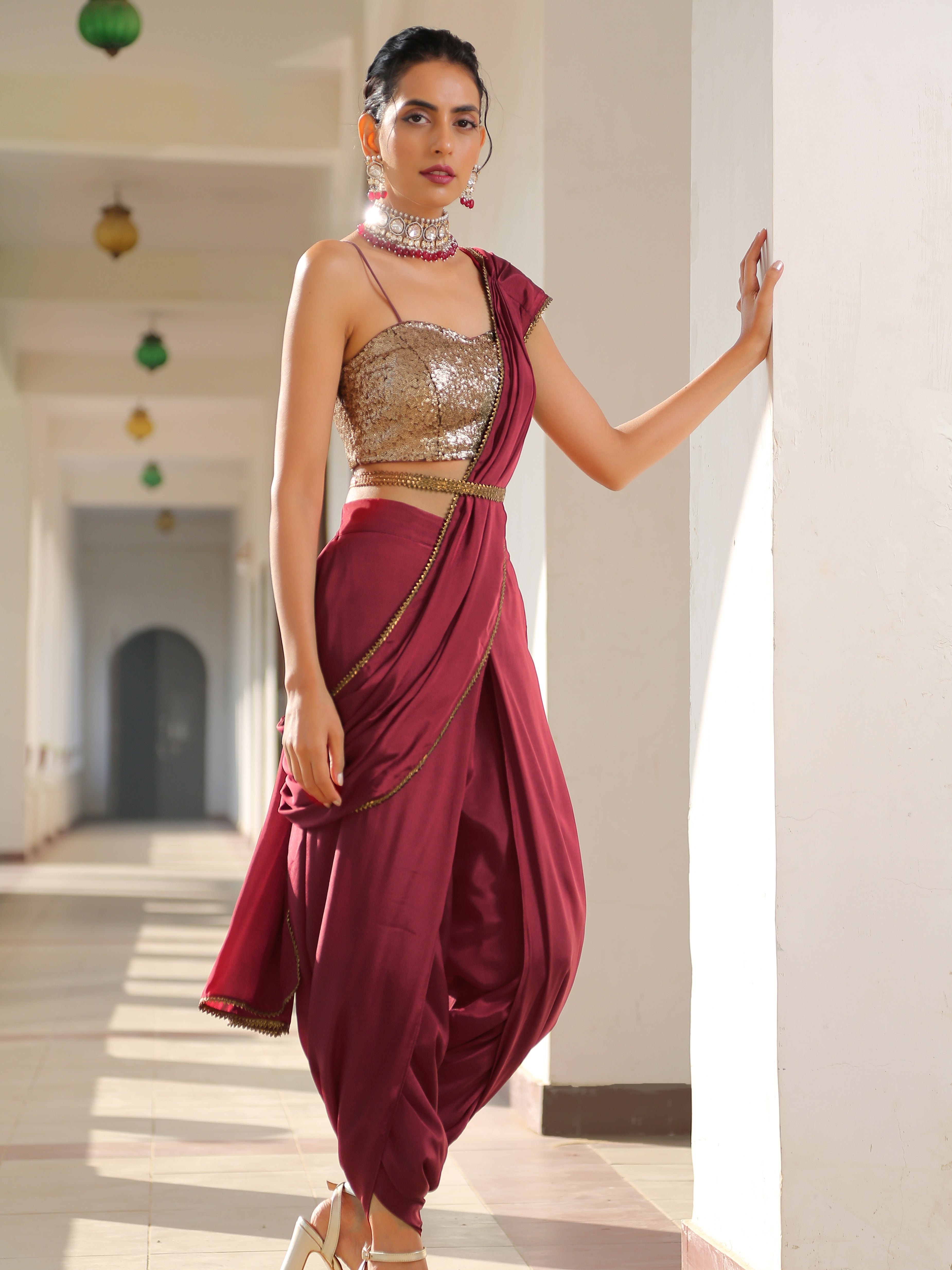 Majestic Maroon Overlap Dhoti Saree with Belt