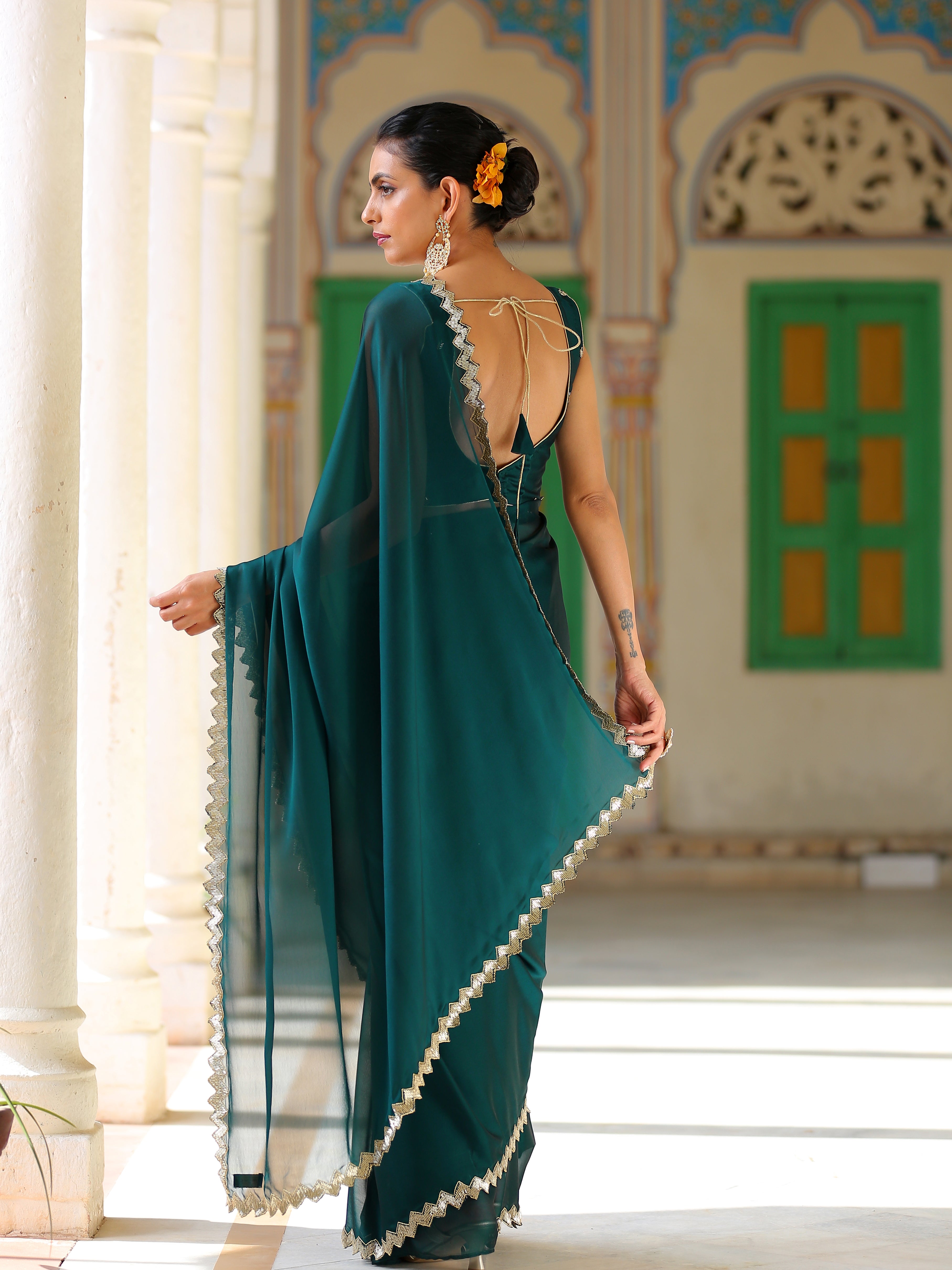 Teal Green Sparkle Saree with Gold Sequins & Embellished Blouse
