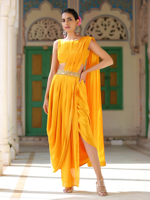 SET | Yellow wrap Dhoti Saree with Mirror Waist & Tie Blouse