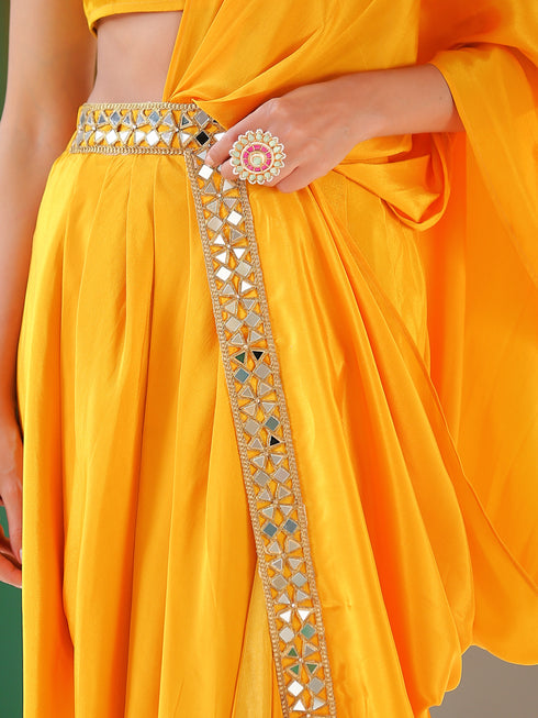 SET | Yellow wrap Dhoti Saree with Mirror Waist & Tie Blouse
