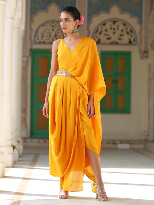 SET | Yellow wrap Dhoti Saree with Mirror Waist & Tie Blouse