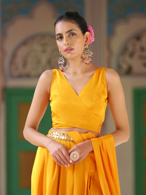 SET | Yellow wrap Dhoti Saree with Mirror Waist & Tie Blouse