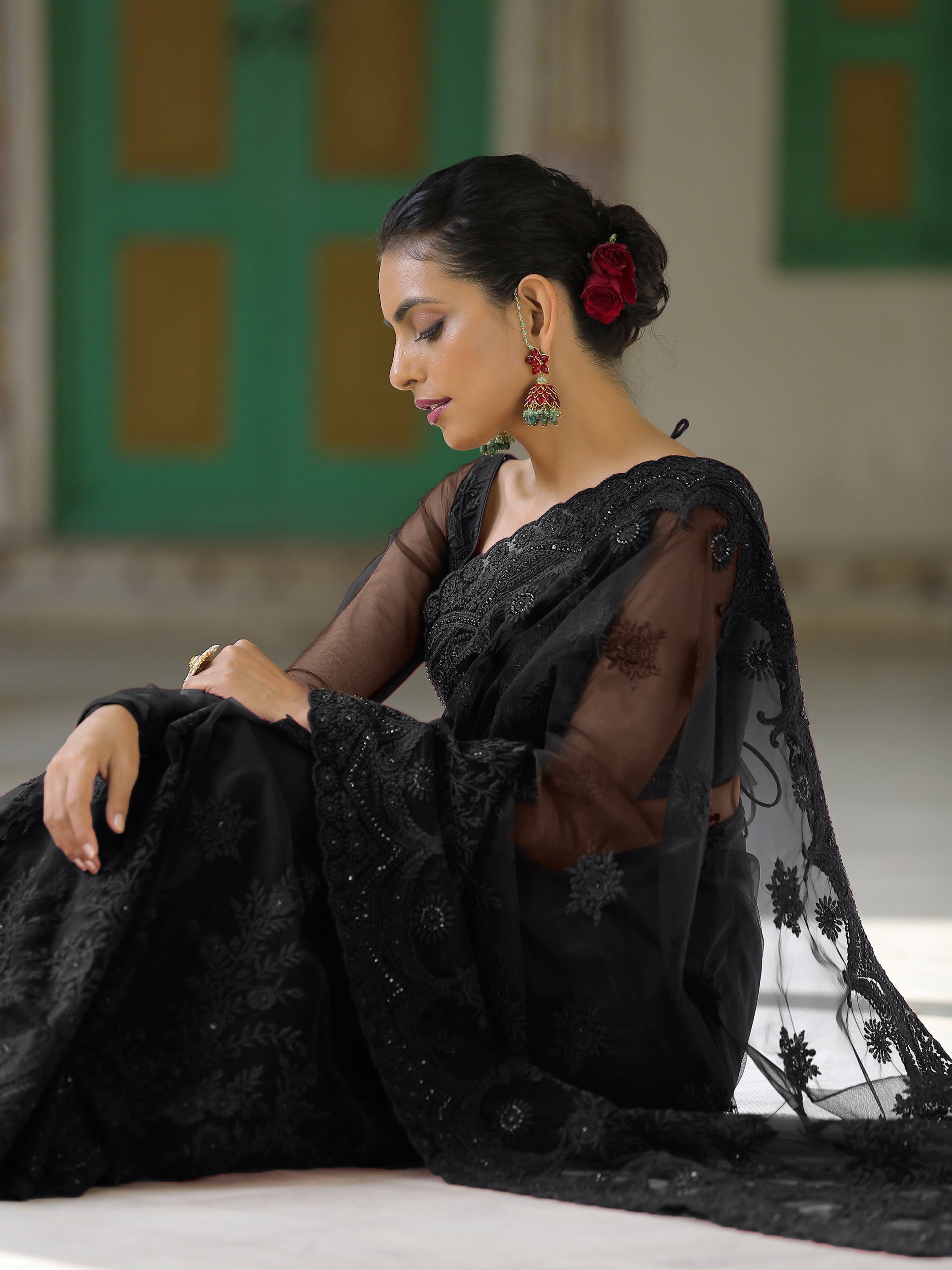 Black Net Saree with Embroidery & Scalloping
