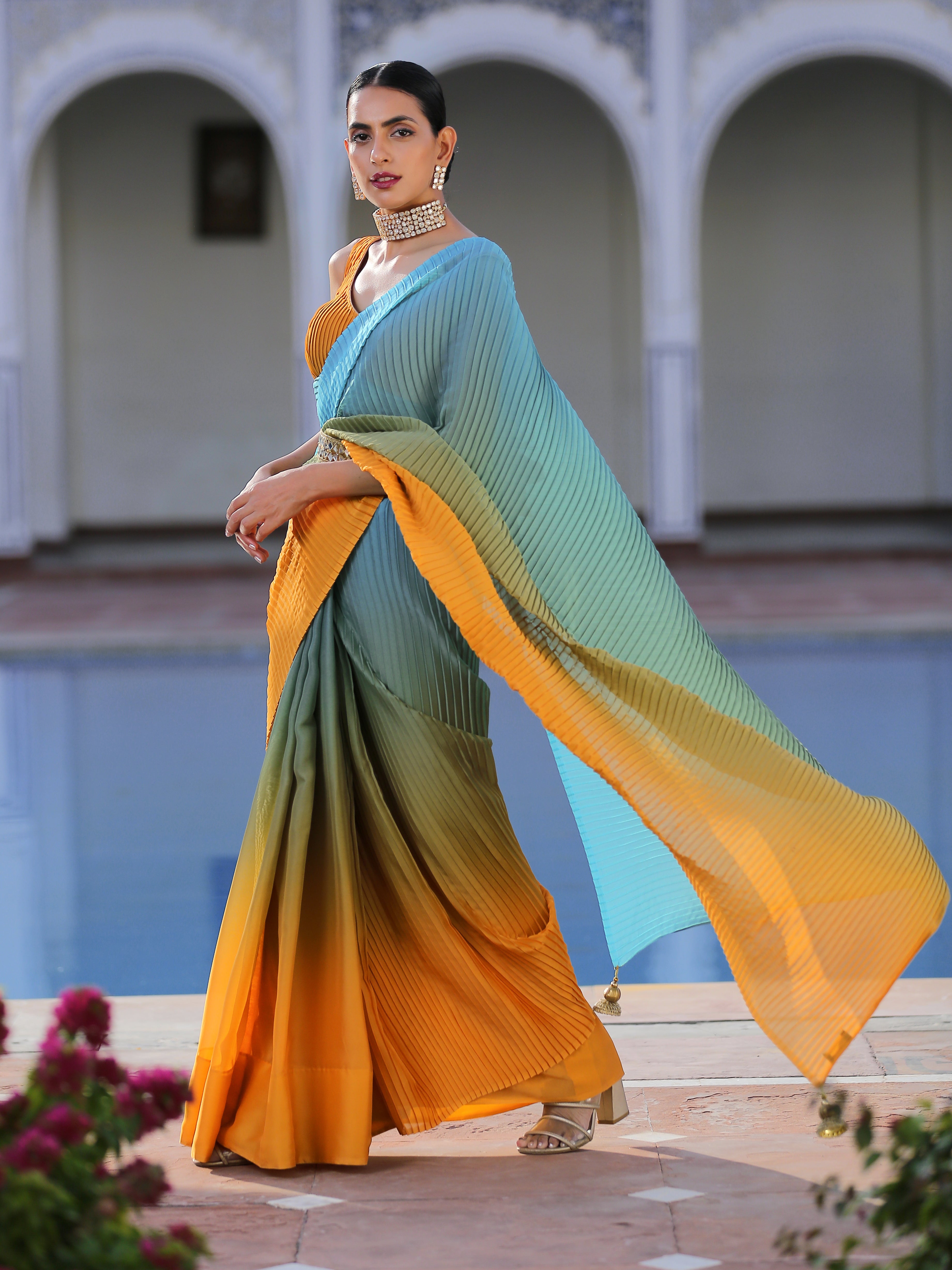 Sunrise pleated chiffon ombre saree
