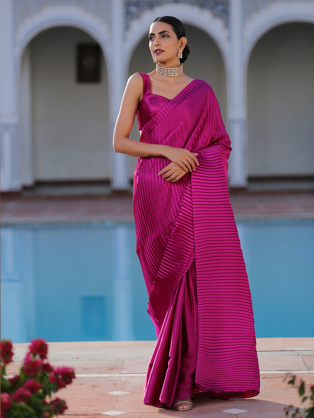 Rebel purple accordion satin saree — view 5