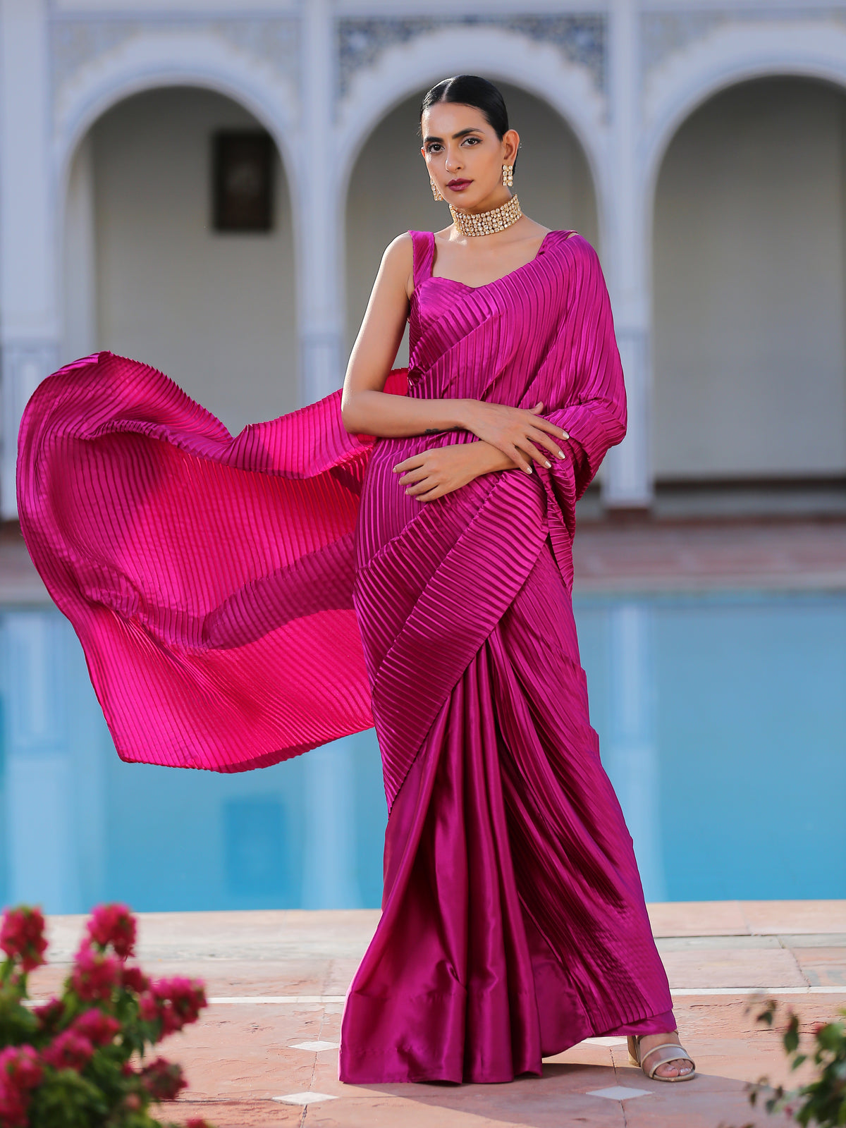 Rebel purple accordion satin saree