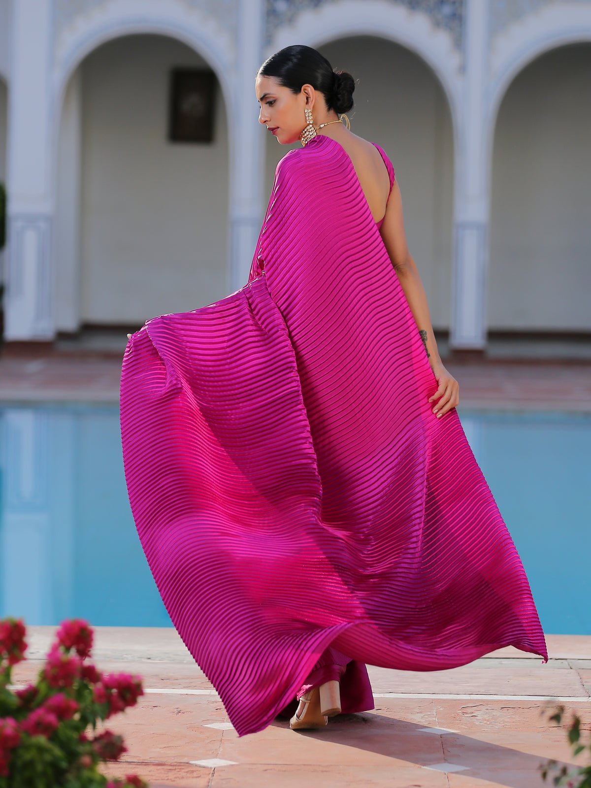 Rebel purple accordion satin saree — view 3