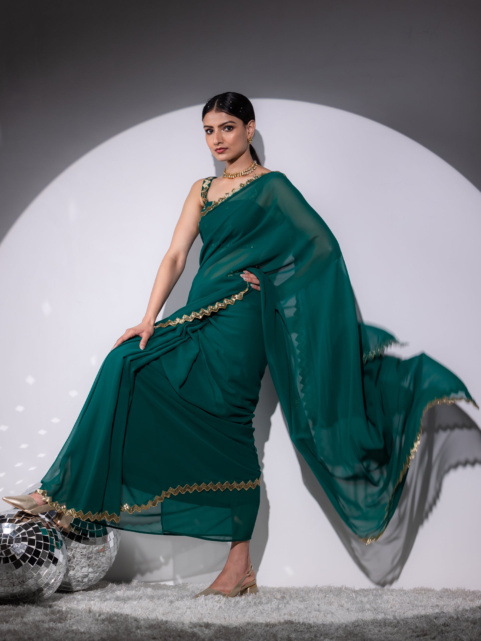 Rich Green Sequin Georgette Saree with Blouse fabric