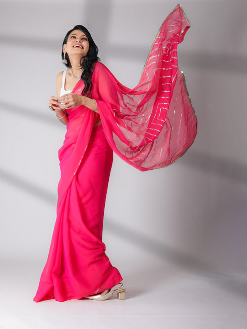 SET | Pink Gold Chiffon Saree with Iridescent Sequin Square Neck Blouse - 2 Piece