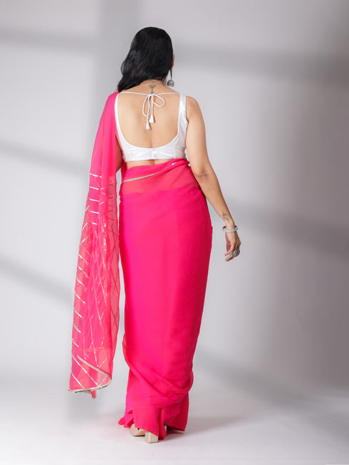 SET | Pink Gold Chiffon Saree with Iridescent Sequin Square Neck Blouse - 2 Piece