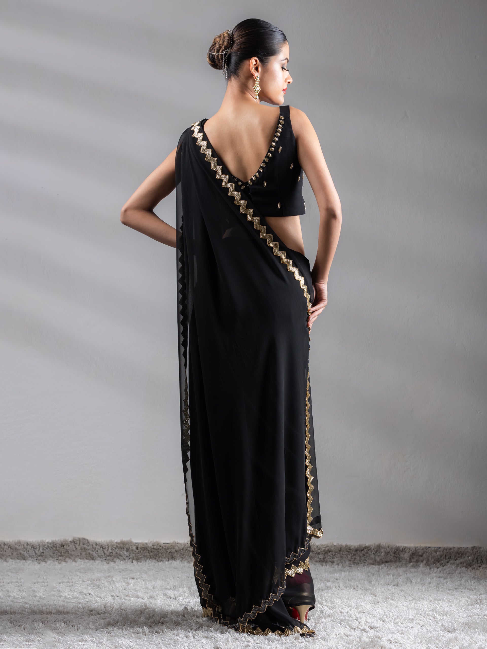 Black Sequin Georgette Saree with Blouse Fabric