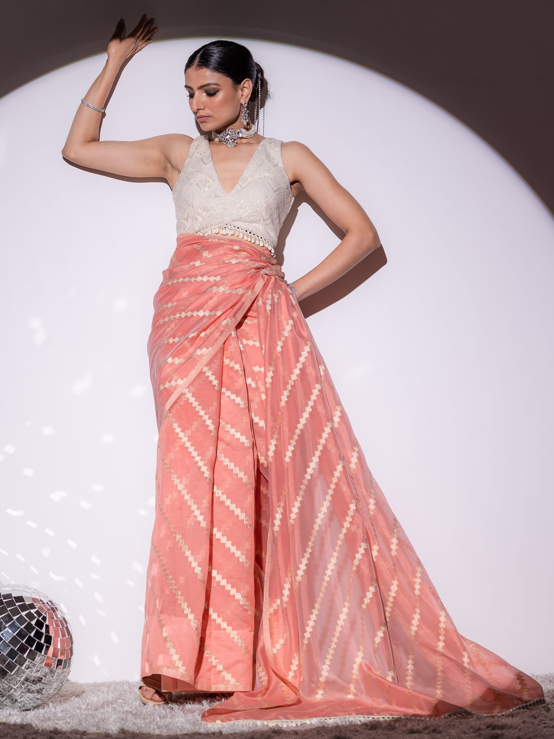 Chevron Pink Organza Saree with Cowrie Lace and Blouse Fabric