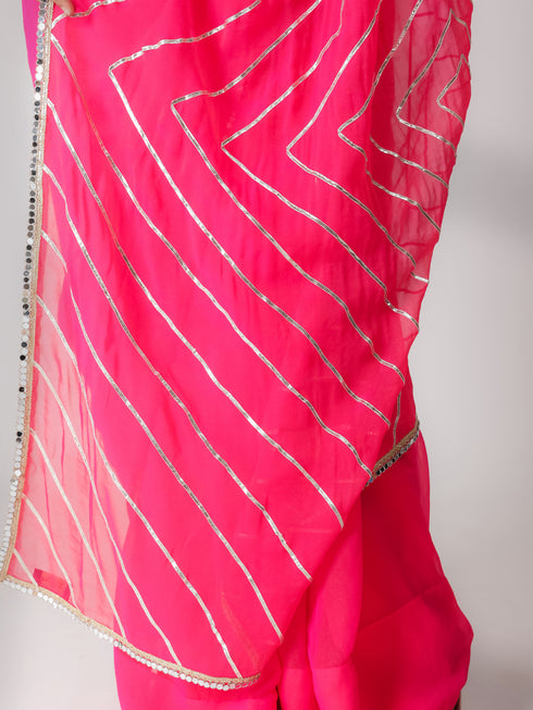 SET | Pink Gold Chiffon Saree with Iridescent Sequin Square Neck Blouse - 2 Piece