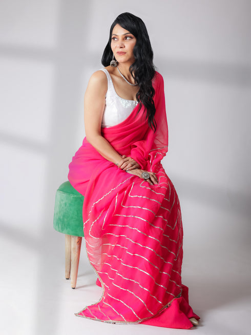SET | Pink Gold Chiffon Saree with Iridescent Sequin Square Neck Blouse - 2 Piece