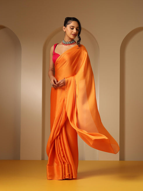 Orange Soft Chiffon Saree with Fuchsia Blouse Fabric