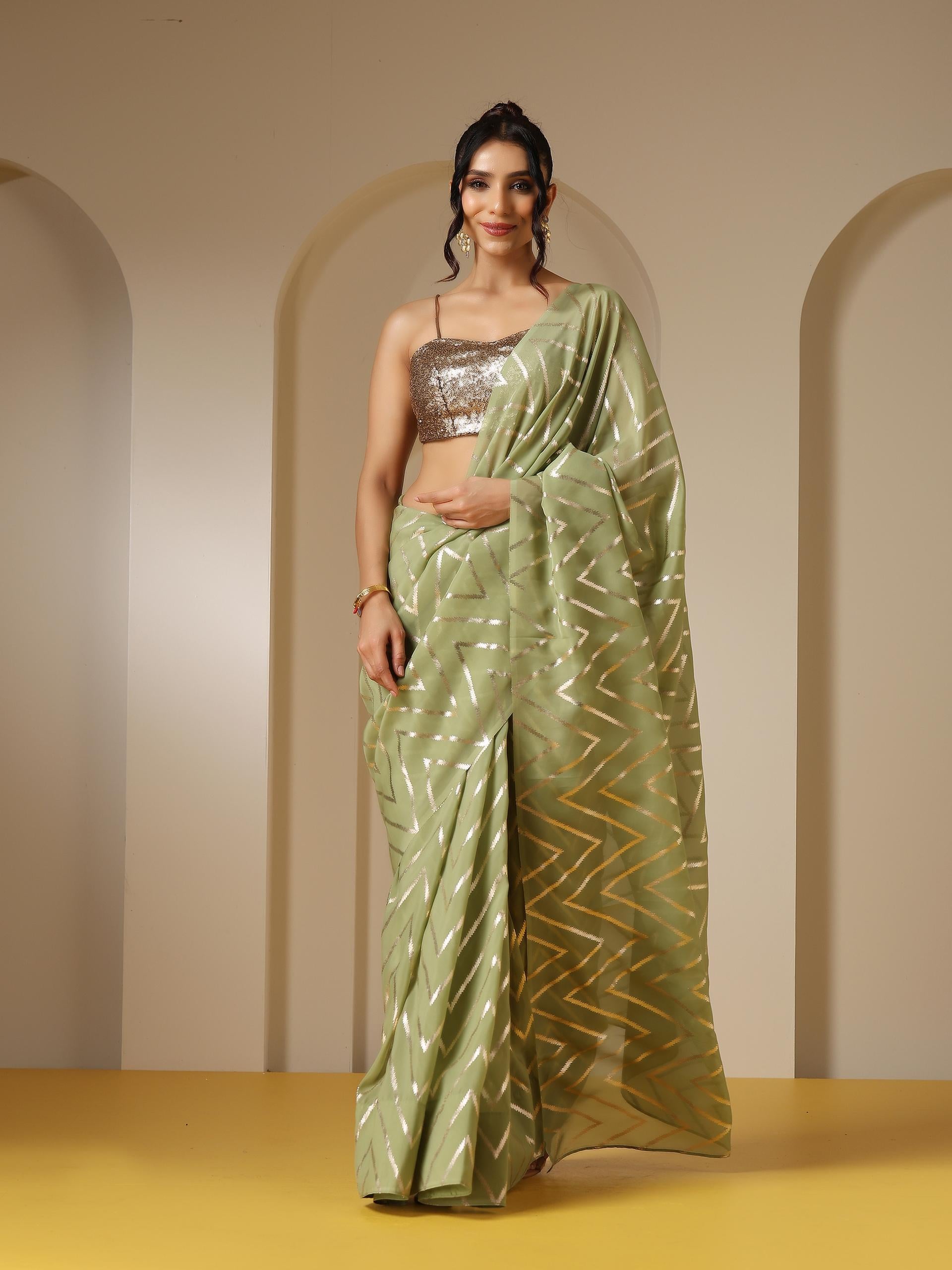 Ripple Mint Gold Print Organza Saree