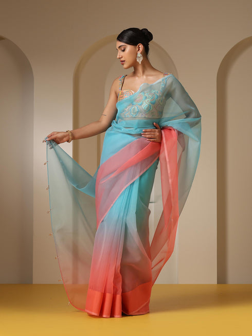 Tropical Pink and Blue Organza Ombre Saree