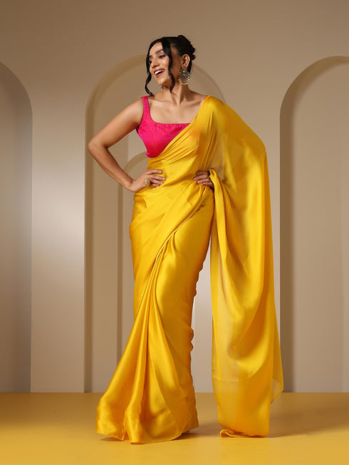 Yellow Soft Chiffon Saree with Fuchsia Blouse Fabric