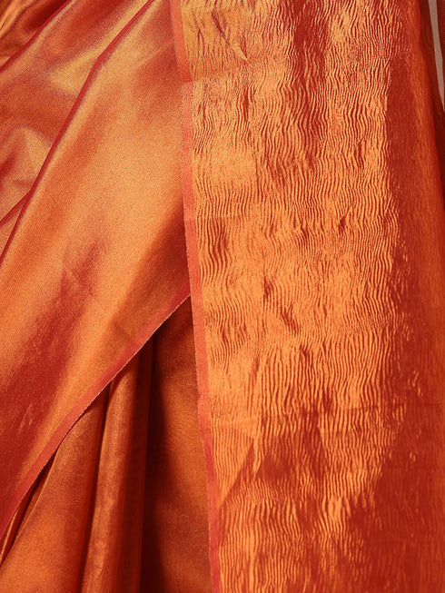Banarasi Red Orange Saree with Crushed Pallu and Blouse Fabric