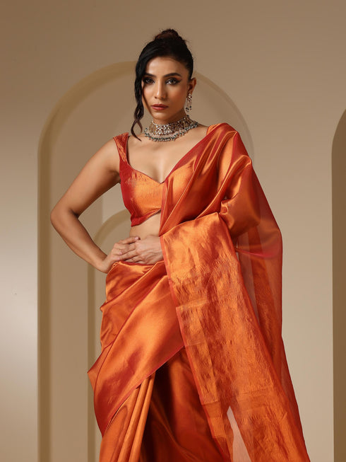 Banarasi Red Orange Saree with Crushed Pallu and Blouse Fabric