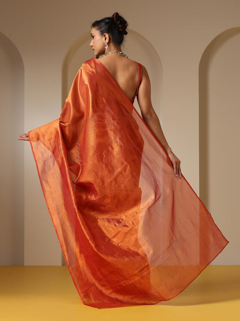 Banarasi Red Orange Saree with Crushed Pallu and Blouse Fabric