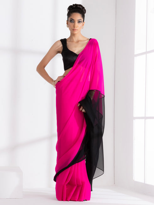 Fuchsia & Black Triangle Georgette Saree with Posh Black Blouse Fabric