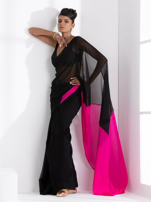 Black & Fuchsia Triangle Georgette Saree with Posh Black Blouse Fabric