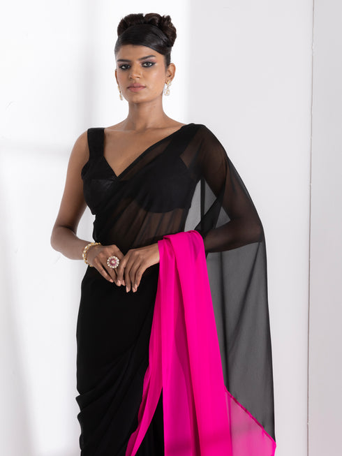Black & Fuchsia Triangle Georgette Saree with Posh Black Blouse Fabric