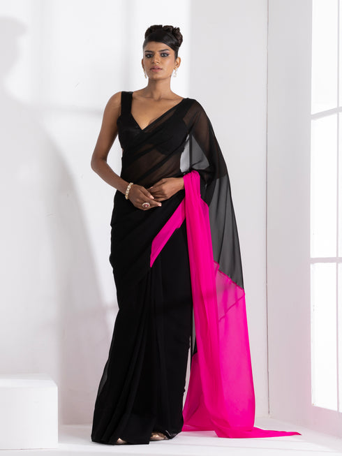 Black & Fuchsia Triangle Georgette Saree with Posh Black Blouse Fabric