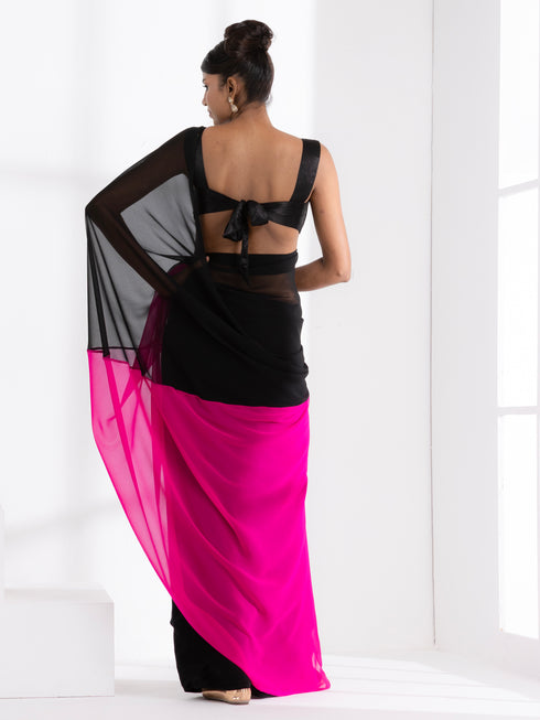 Black & Fuchsia Triangle Georgette Saree with Posh Black Blouse Fabric