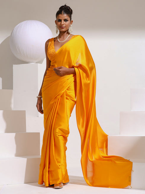 Yellow Shark Butter Chiffon Saree with Beads and Embroidered Blouse Fabric
