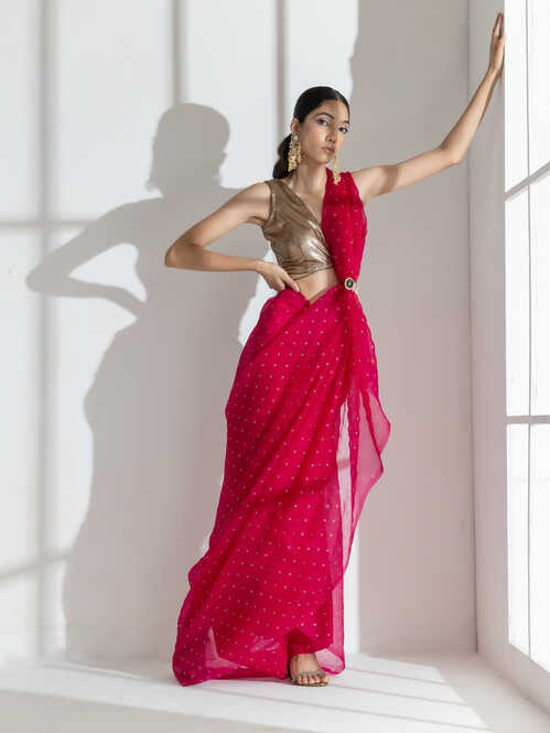 Raspberry Organza Net Saree with Gold Print with Bronze Latkan