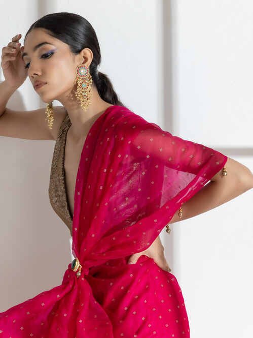 Raspberry Organza Net Saree with Gold Print with Bronze Latkan