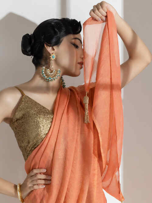 Saffron Peach Paisley Gold Design Chiffon Saree with Long Beaded Latkan