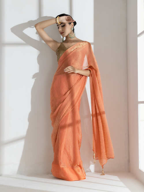 Saffron Peach Paisley Gold Design Chiffon Saree with Long Beaded Latkan