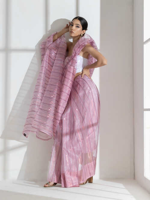 Rosy lilac pink chiffon saree with rosegold stripes — view 5