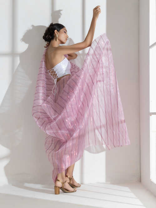 Rosy lilac pink chiffon saree with rosegold stripes — view 4