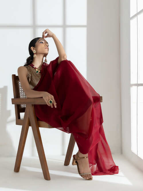 Rustic Maroon Soft Organza Saree with Beaded Gold Latkan with Self Blouse Fabric