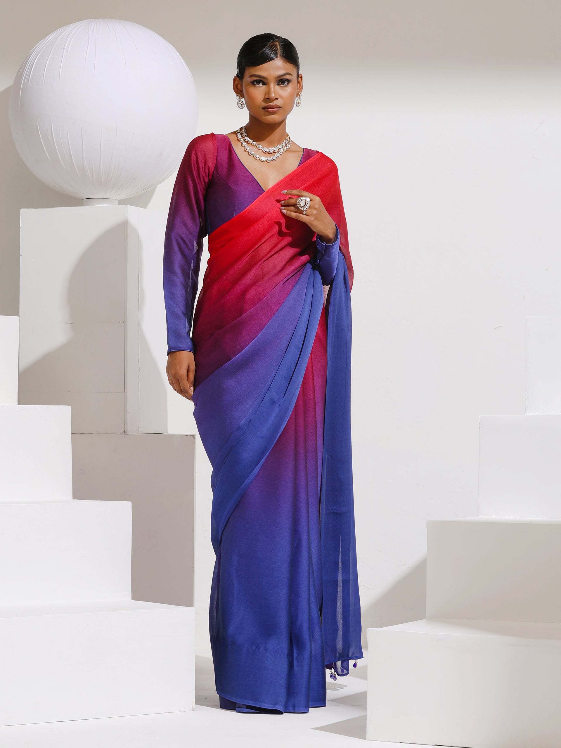 Red & Navy Chiffon Ombre Saree with Beads and Self-Blouse Fabric