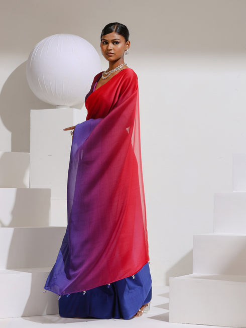 Red & Navy Chiffon Ombre Saree with Beads and Self-Blouse Fabric