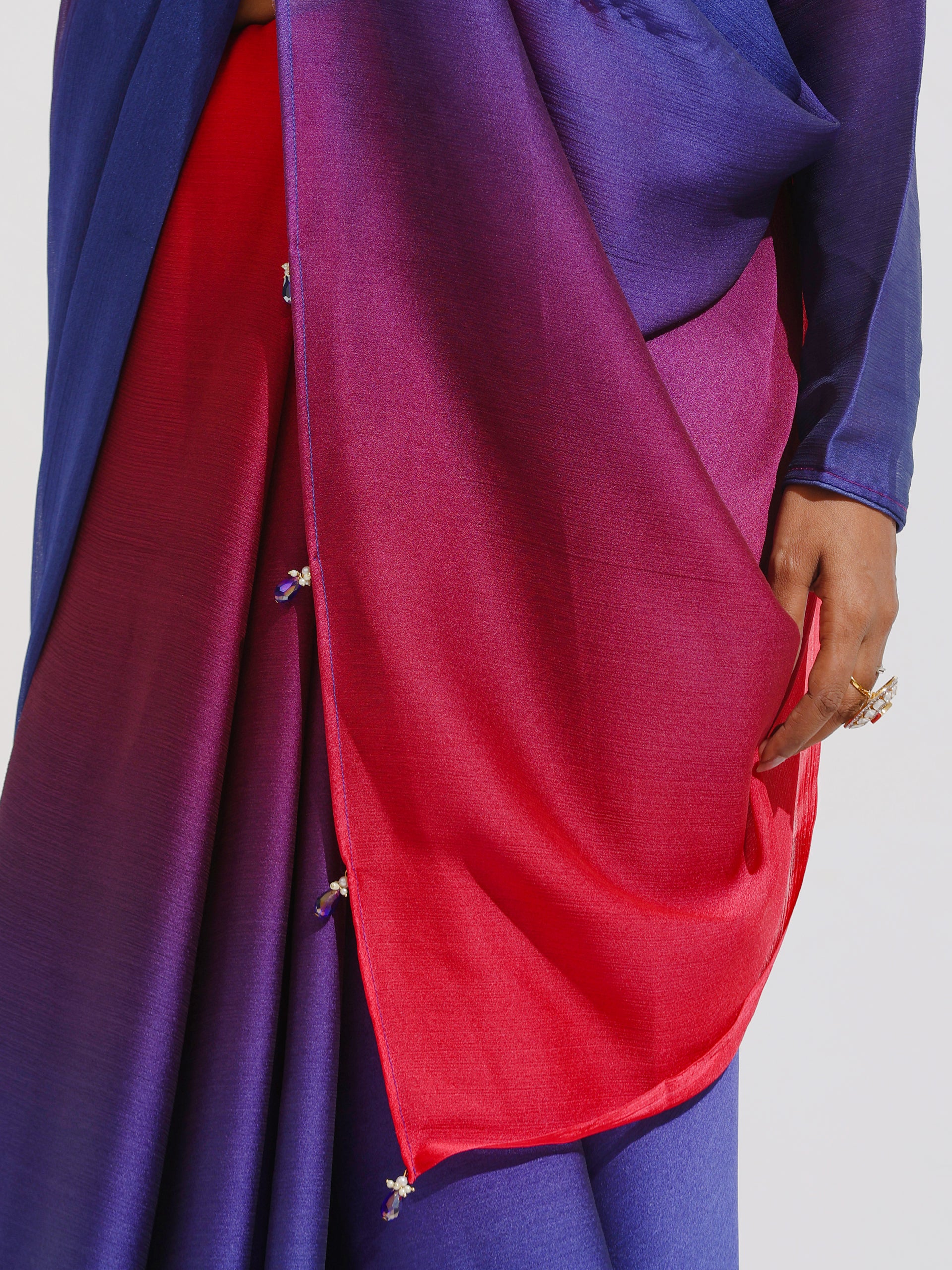 Red & Navy Chiffon Ombre Saree with Beads and Self-Blouse Fabric