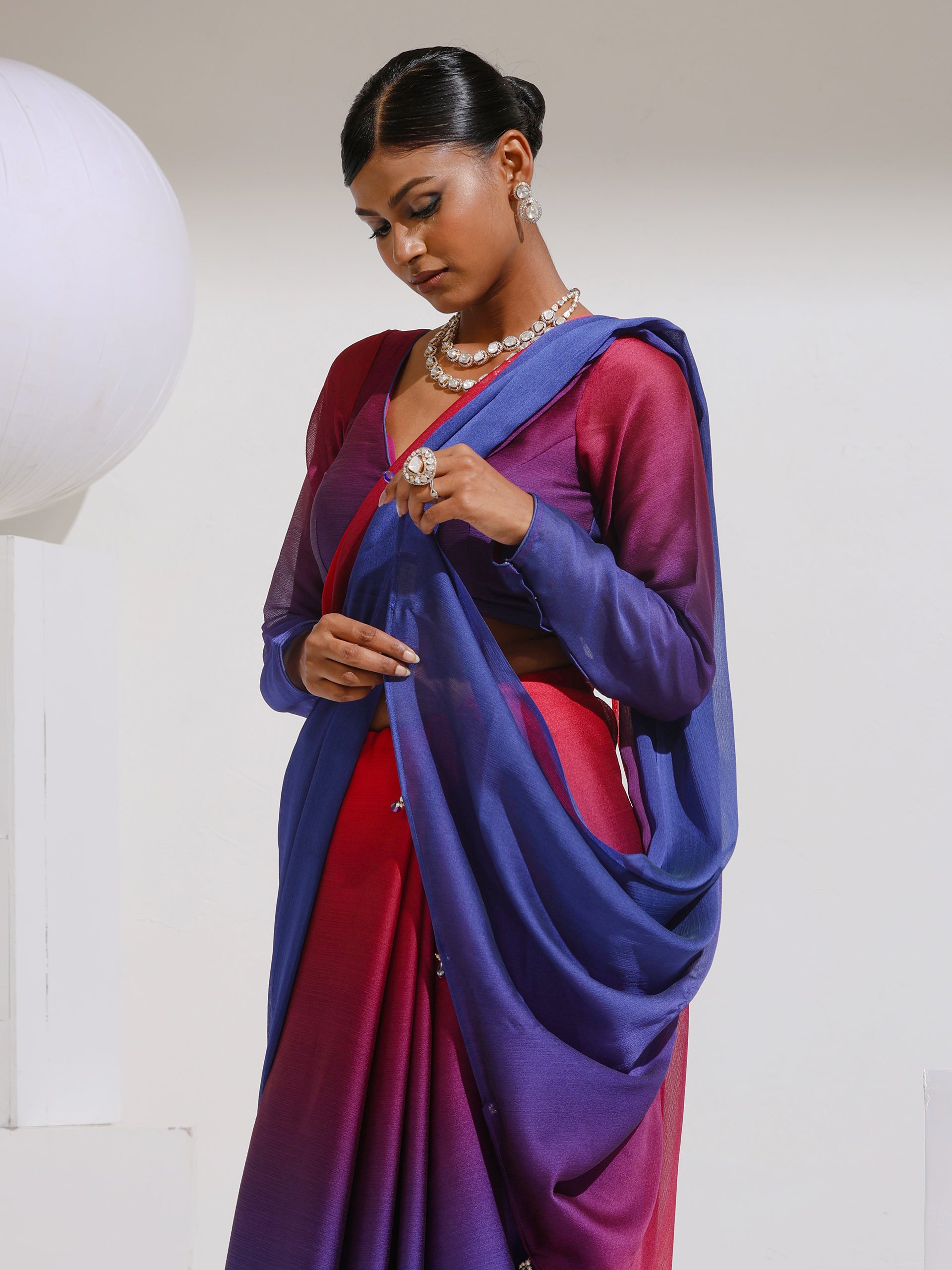 Red & Navy Chiffon Ombre Saree with Beads and Self-Blouse Fabric