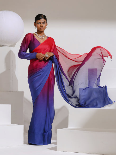 Red & Navy Chiffon Ombre Saree with Beads and Self-Blouse Fabric