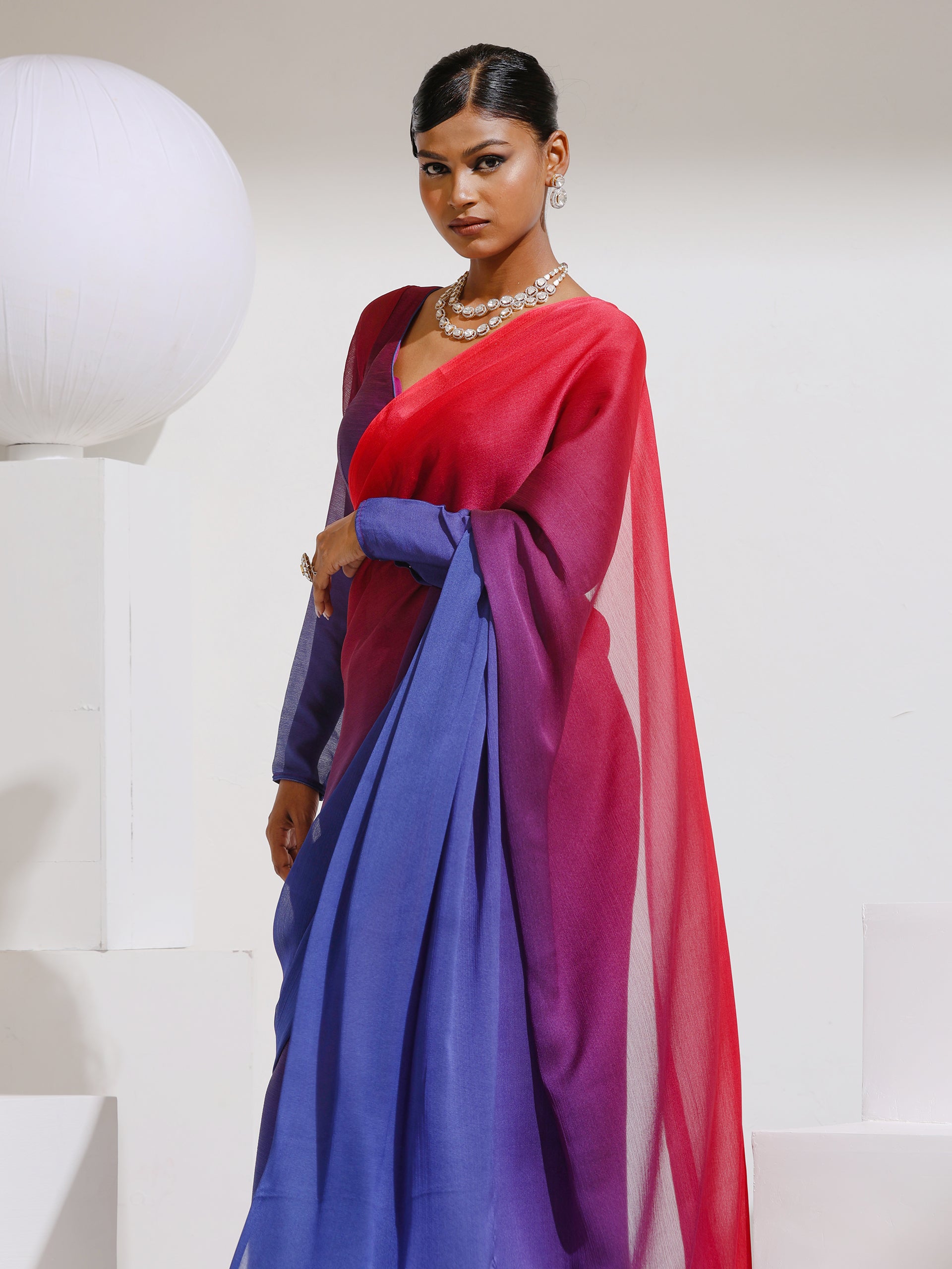 Red & Navy Chiffon Ombre Saree with Beads and Self-Blouse Fabric
