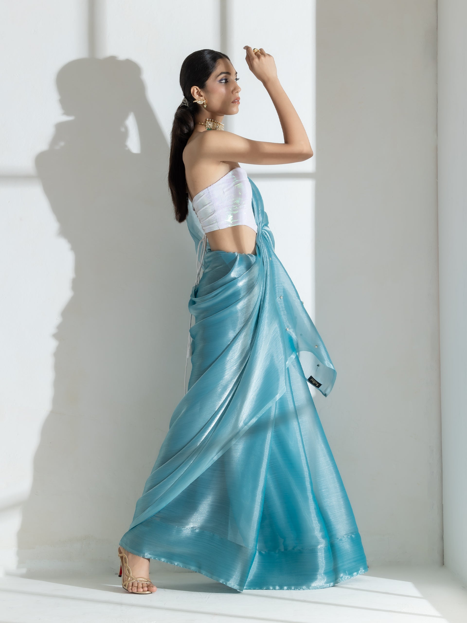 Fashionista Blue Organza Chiffon Saree with Diamond Beads on Pallu with Self Blouse Fabric