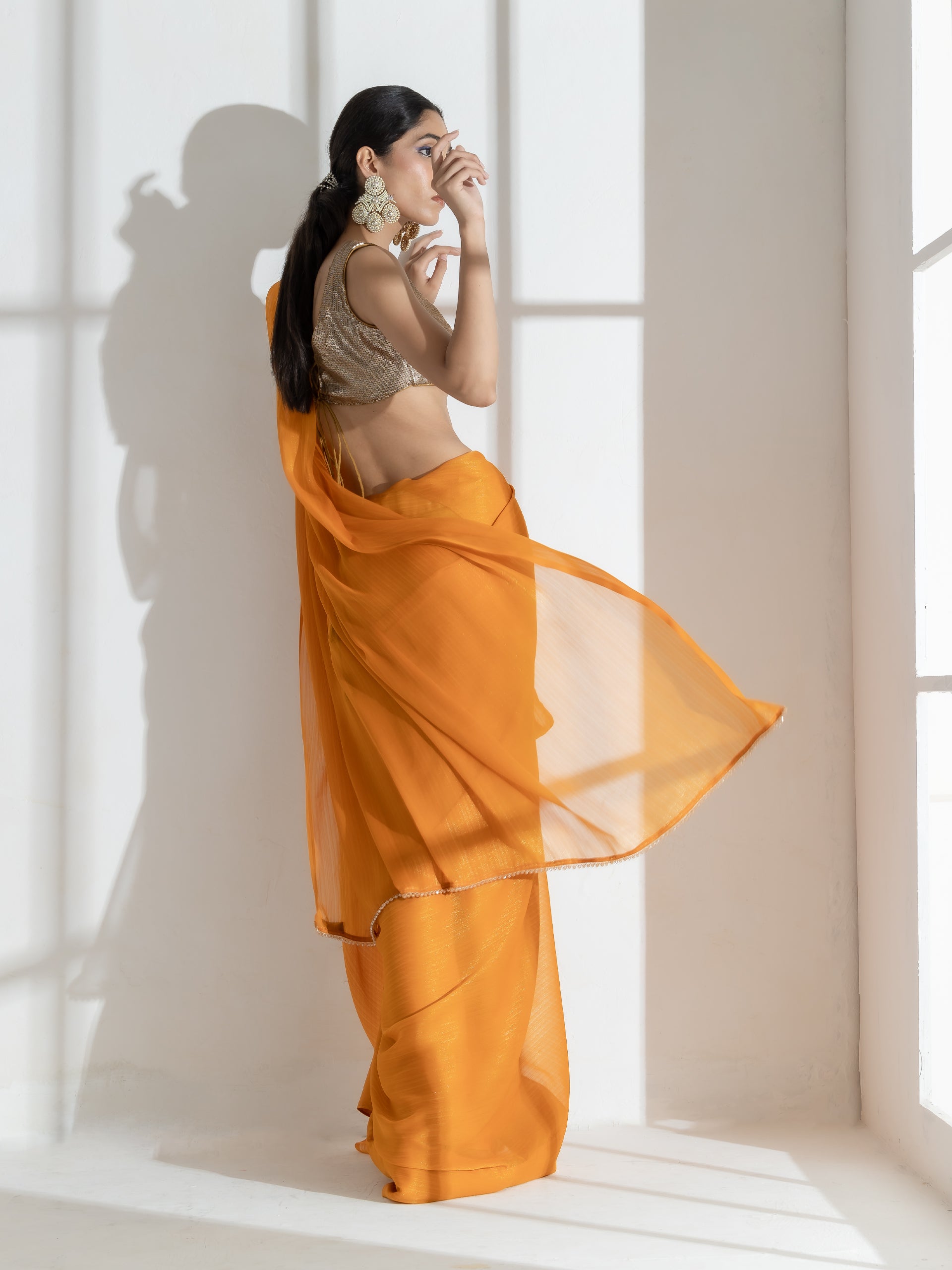 Tahiti yellow Gold texture Chiffon Saree with Beaded lace and Self Blouse Fabric