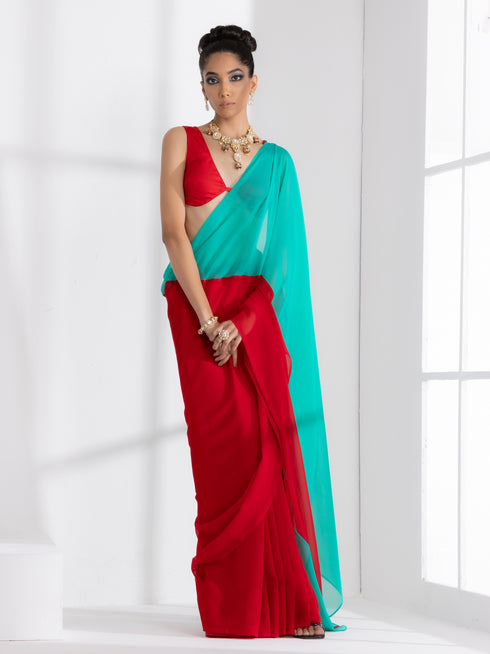 Red and Carribean Triangle Georgette Saree with Red Posh Blouse Fabric