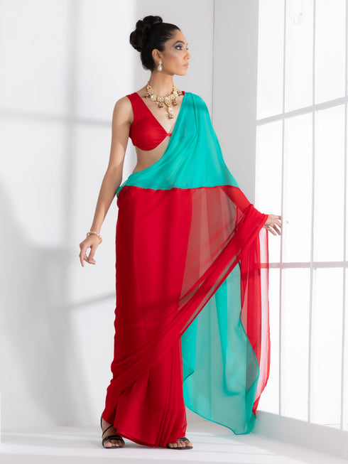 Red and Carribean Triangle Georgette Saree with Red Posh Blouse Fabric