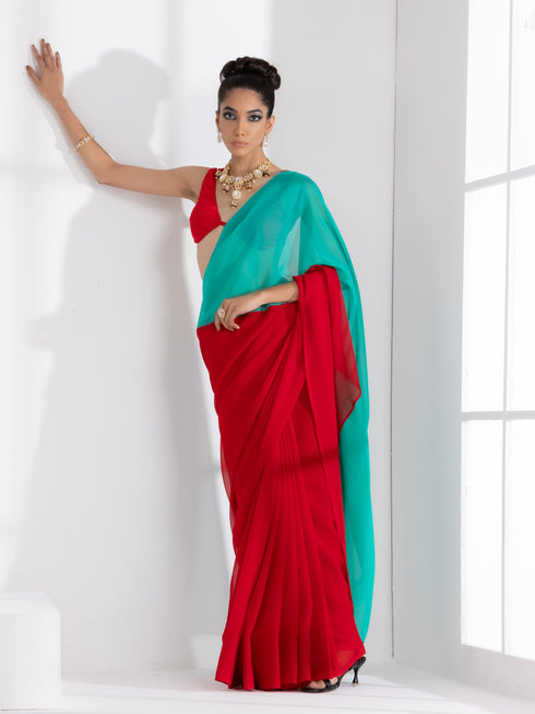 Red and Carribean Triangle Georgette Saree with Red Posh Blouse Fabric